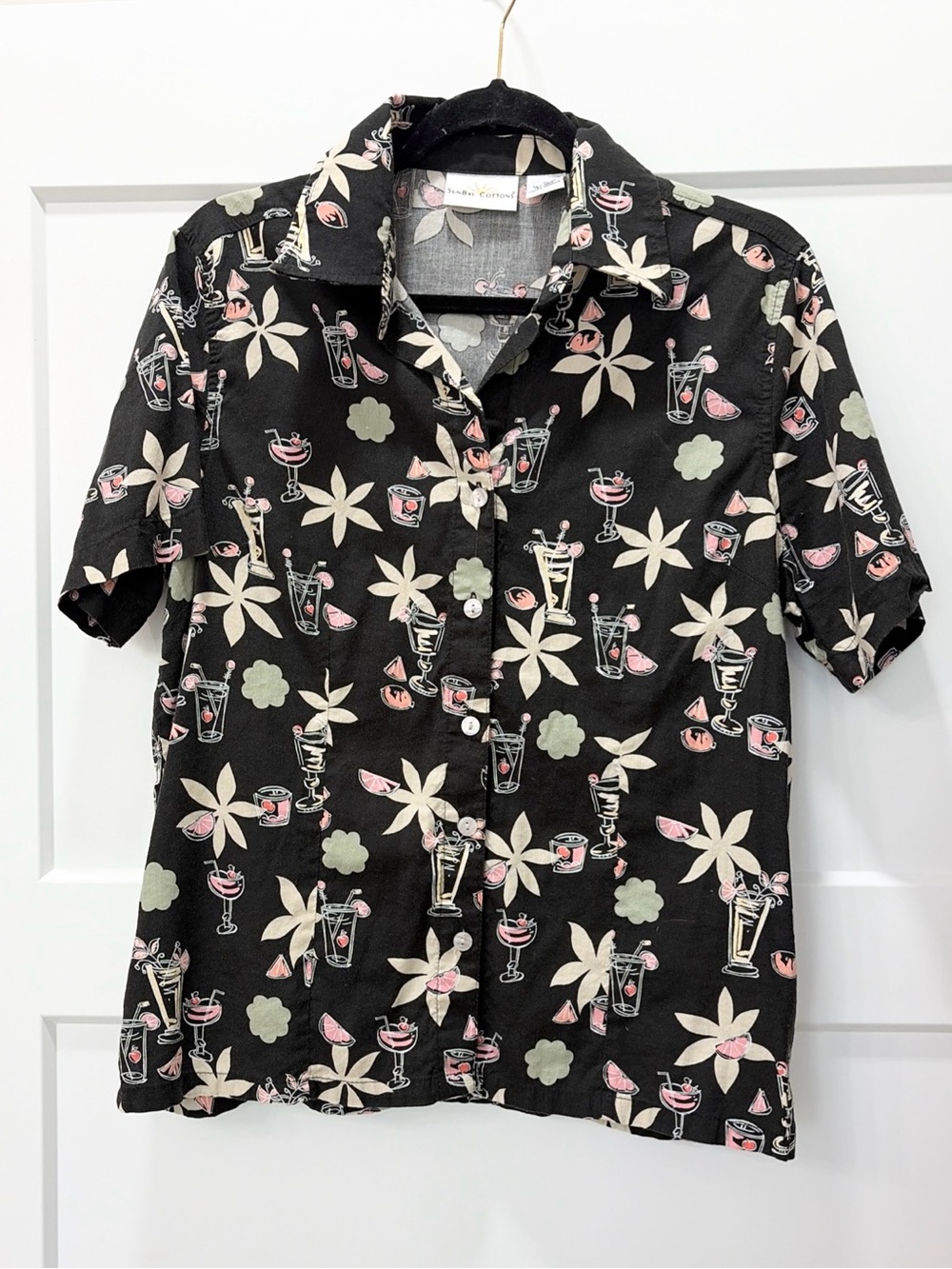SunBay Cottons Vintage Summer Beach Button-Up Shirt with Tropical Drink Print
